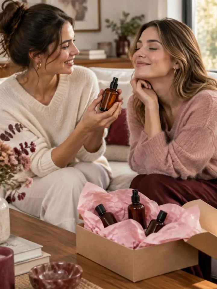 Revendedora de Eleka haciendo probar un perfumador textil a una amiga