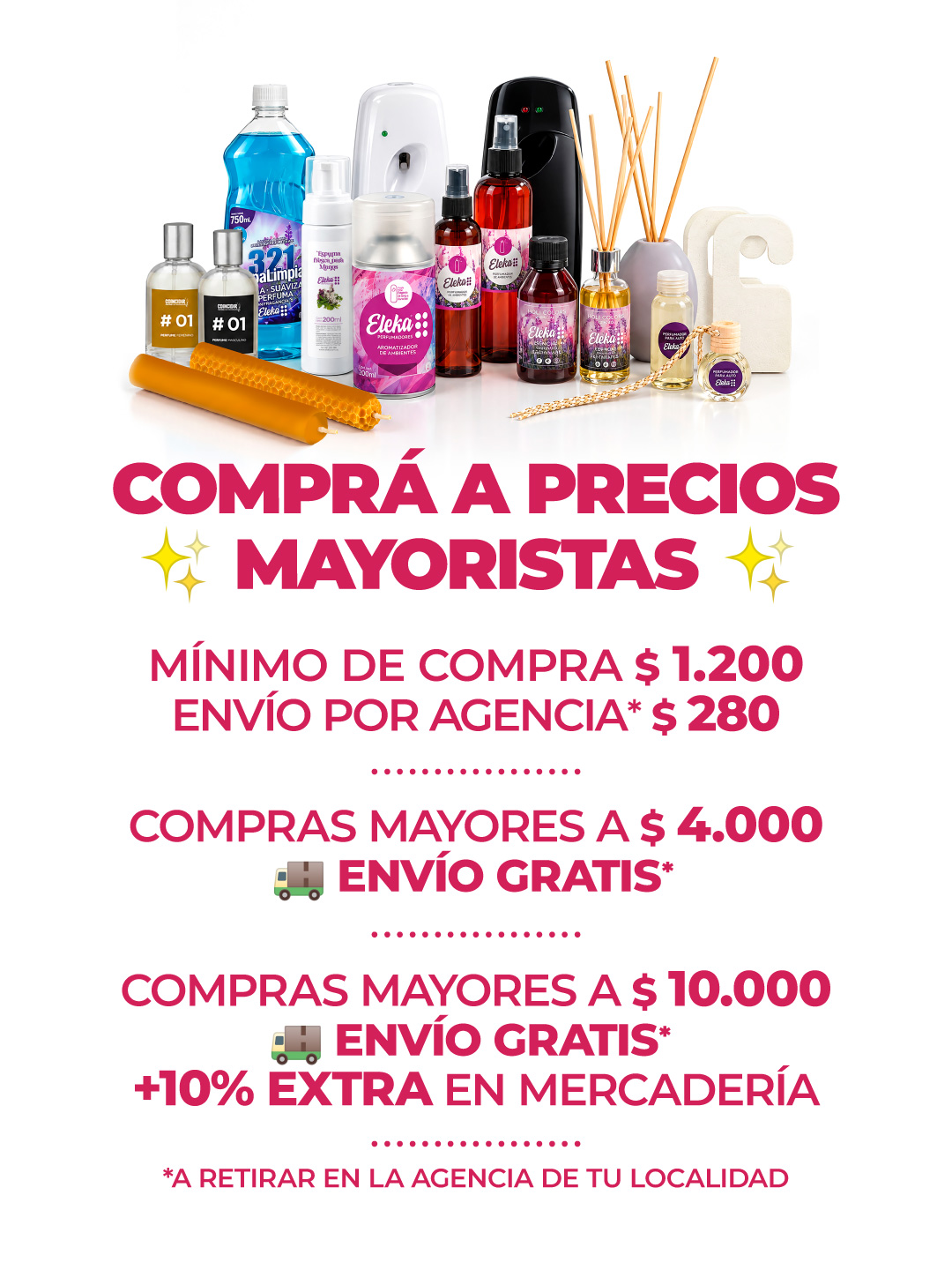 Comprá a precios mayoristas. Mínimo de compra $1.200. Envío por agencia $280. Compras mayores a $4.000 envío gratis. Compras mayores a $10.000 envío gratis y 10% extra en mercadería.